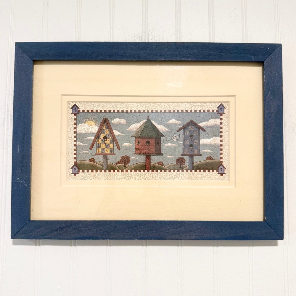 Framed Folk Art Birdhouse Print Blue Wood Frame Country Cottage Wall Art 11"x8"